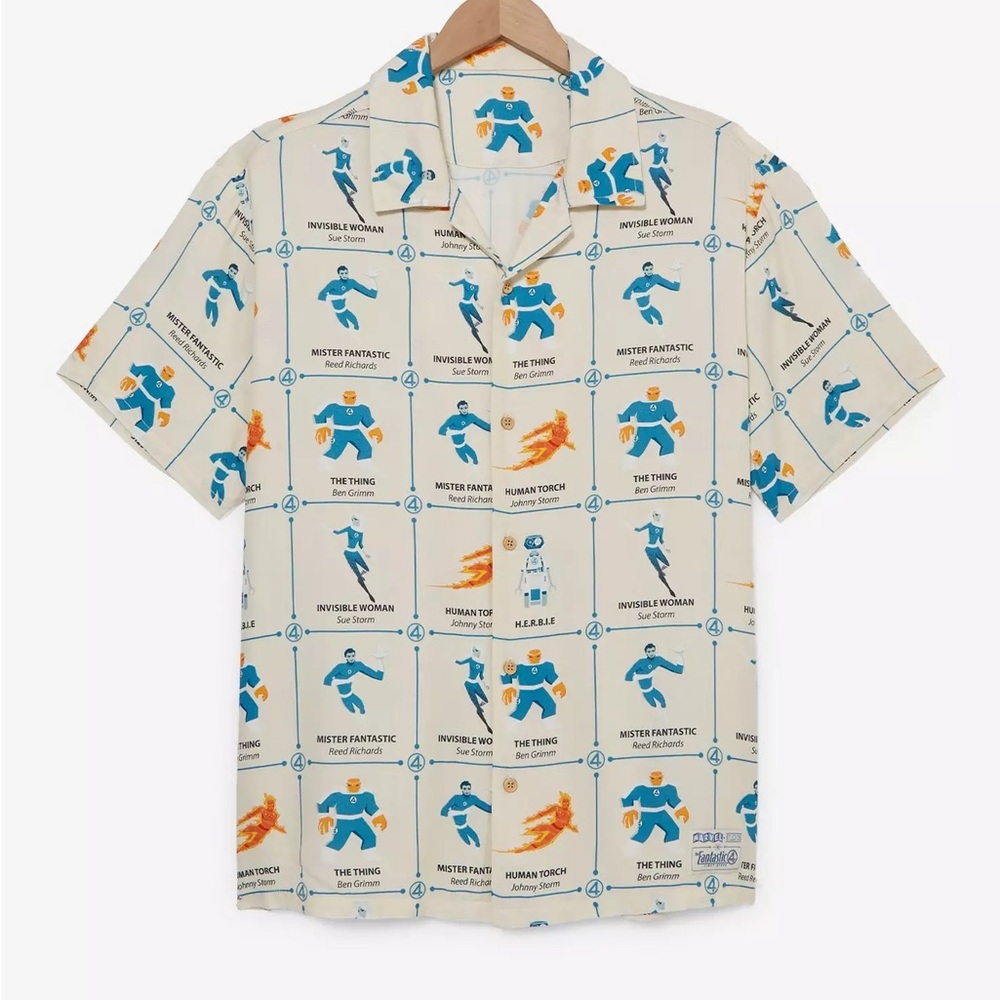Unisex Marvel Fantastic Four First Steps Character Allover Print Woven Button-Up